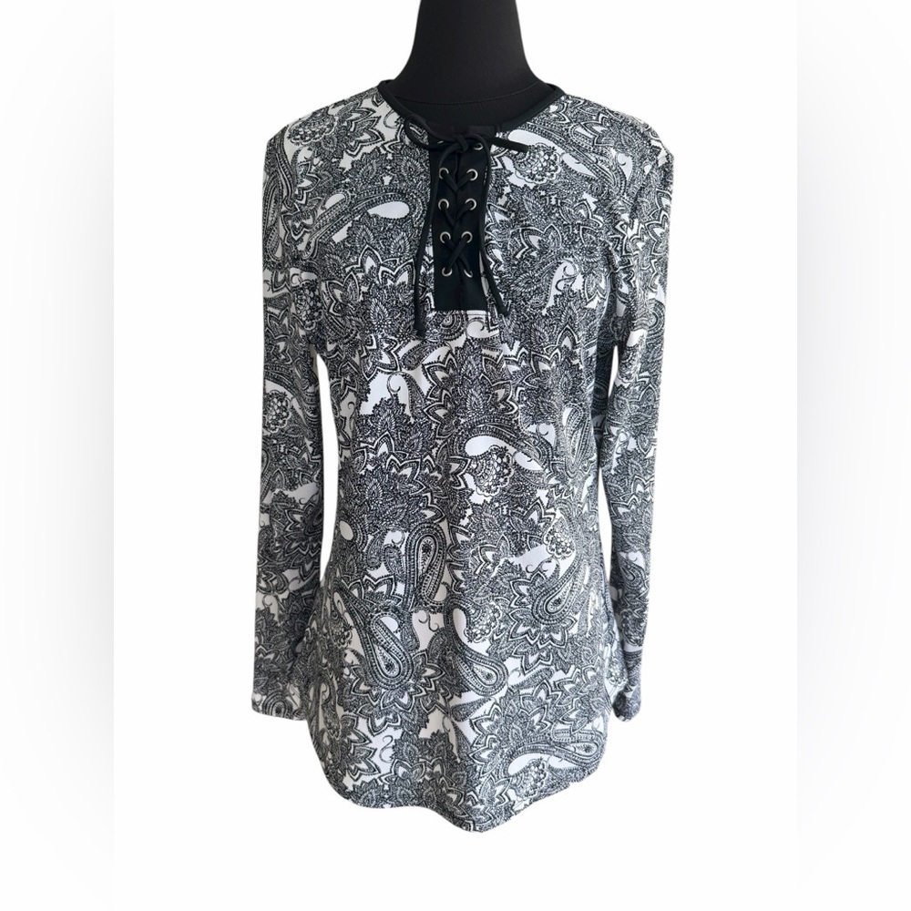 Coolibar Women’s Paisley Lace-Up Tunic Top Black White Long Sleeve Size L
